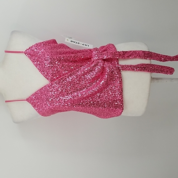 Lily Star Sparkly Pink Sequin Side Tie Wrap Top Party Festive Coquette Barbie - Picture 3 of 11